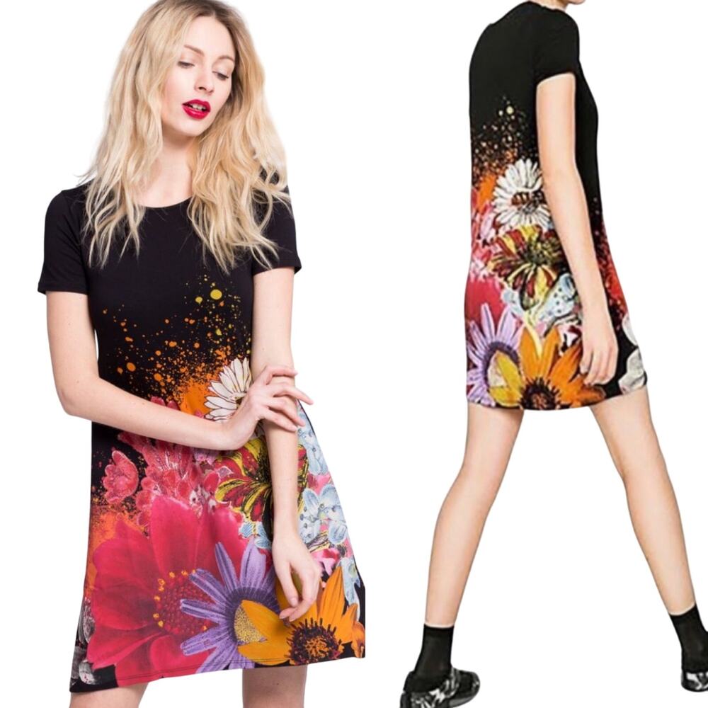 Desigual T Shirt Dress Flower Bee Graphic Print Jersey ScoopNeck Mini Black S